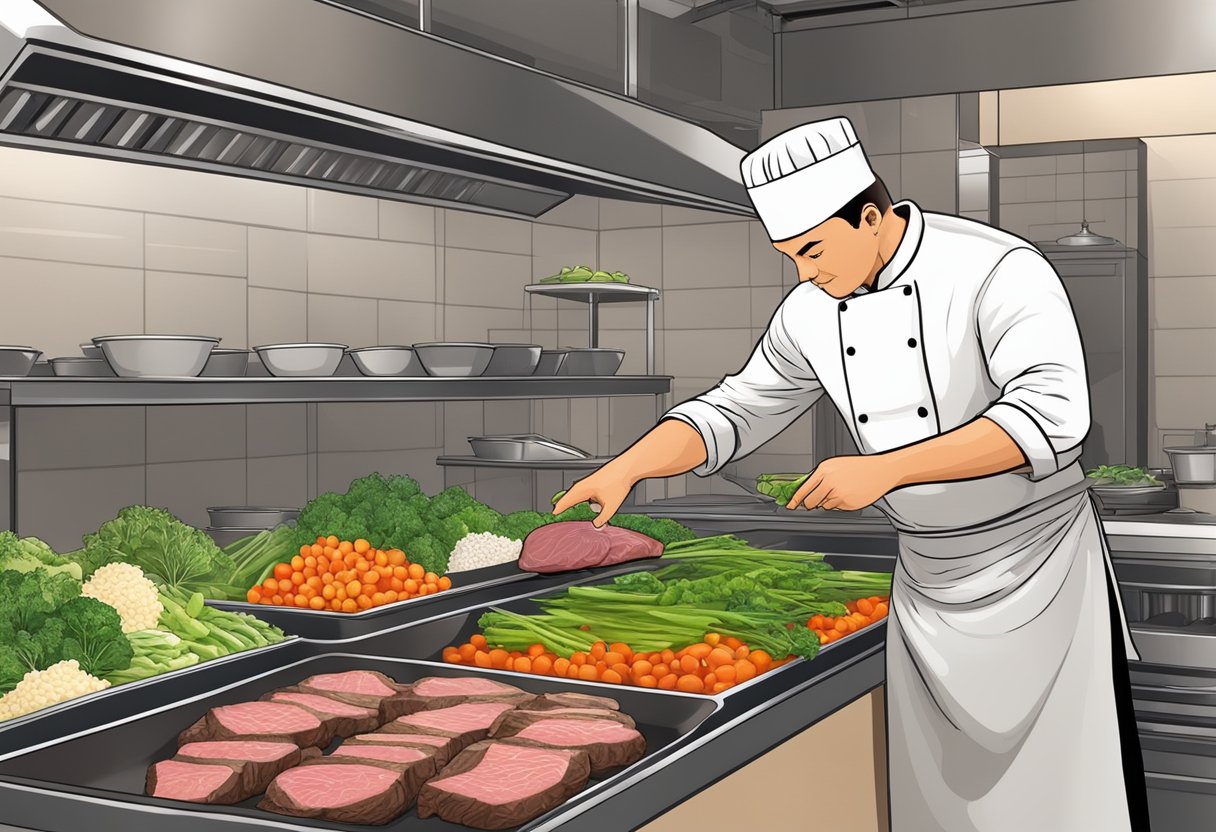 A chef selecting fresh vegetables and cuts of steak for a fried rice recipe