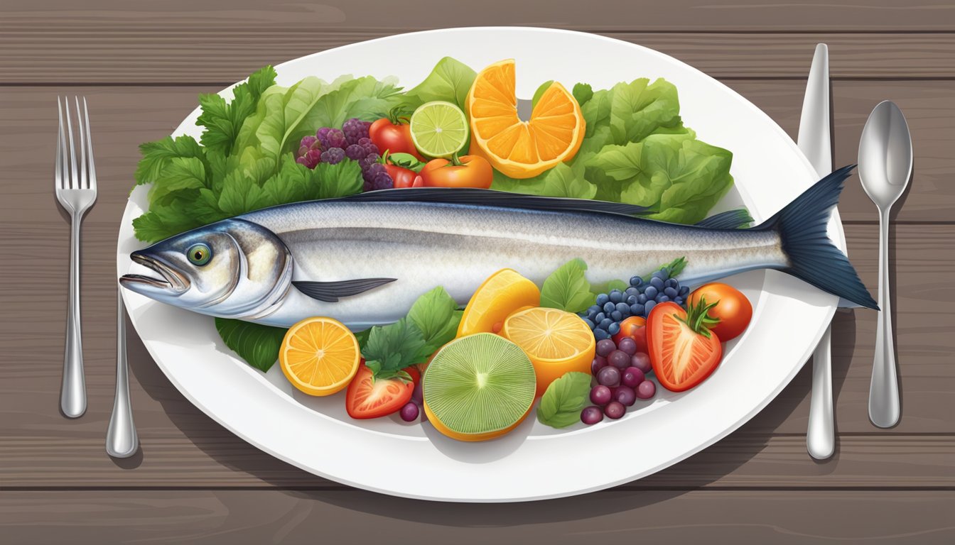 A table set with a variety of colorful, fresh fruits and vegetables, lean proteins, and whole grains, with a barracuda fish as the main dish