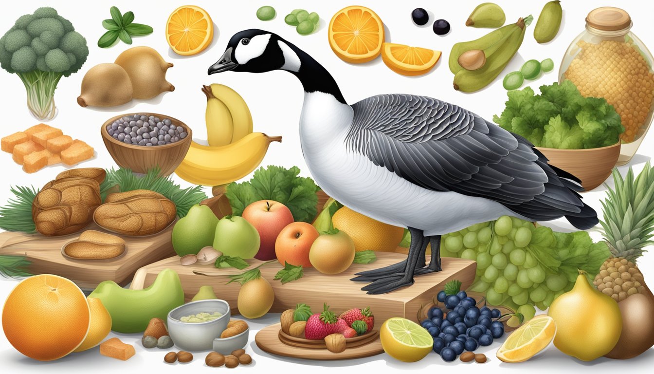 A barnacle goose surrounded by a variety of non-traditional food options, such as fruits, vegetables, and lean proteins