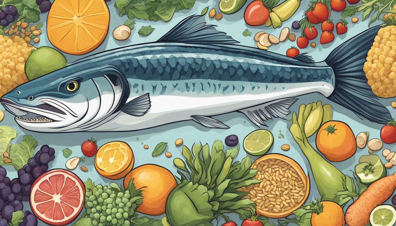 A barracuda swimming among a variety of foods, including fruits, vegetables, and whole grains, with a "No" symbol over it