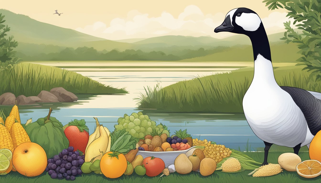 A barnacle goose stands on a grassy shore, surrounded by a variety of foods including fruits, vegetables, and grains. A diabetic person watches from a distance, contemplating the goose's diet