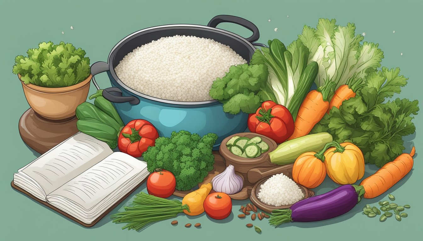 A colorful array of fresh vegetables, herbs, and spices surrounds a steaming pot of fluffy basmati rice, with a diabetic-friendly recipe book open nearby