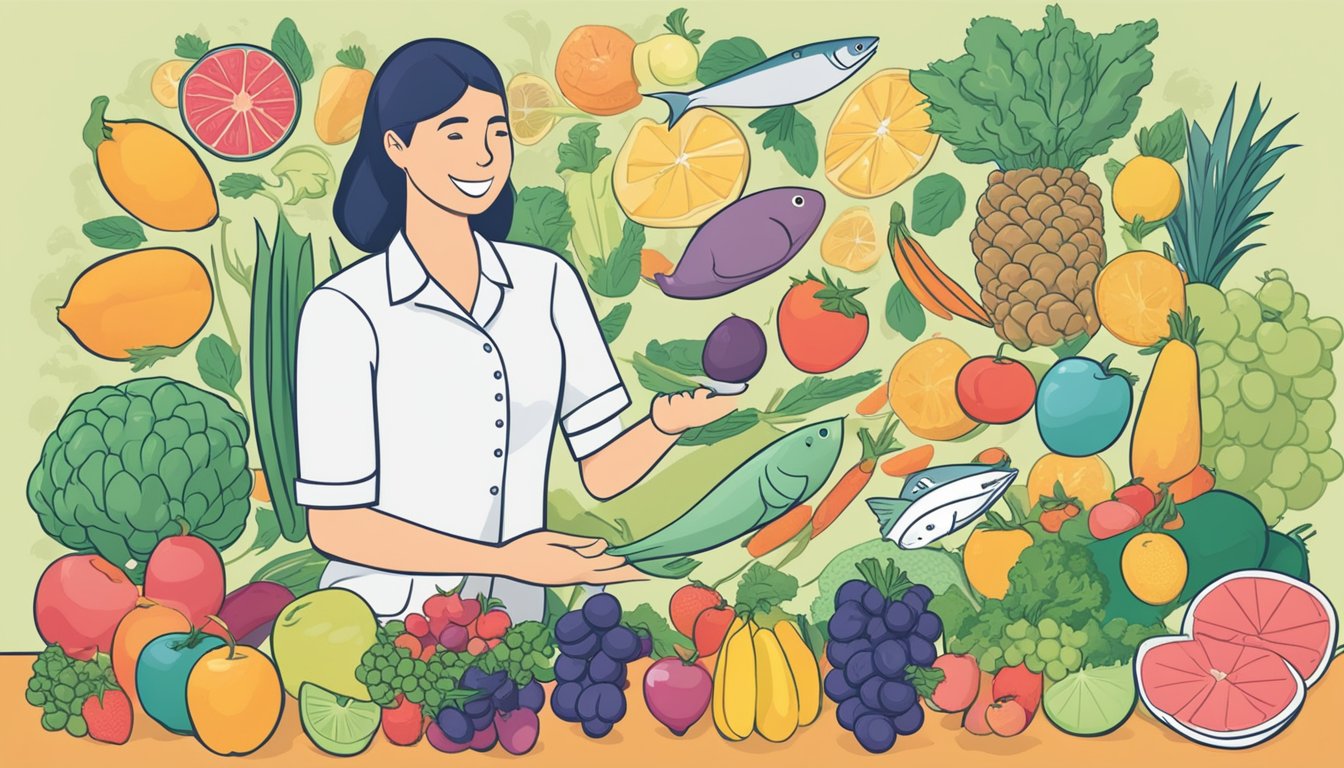 A dietician holding a barracuda, surrounded by colorful fruits and vegetables, with a list of smart shopping tips for diabetics on a nearby table