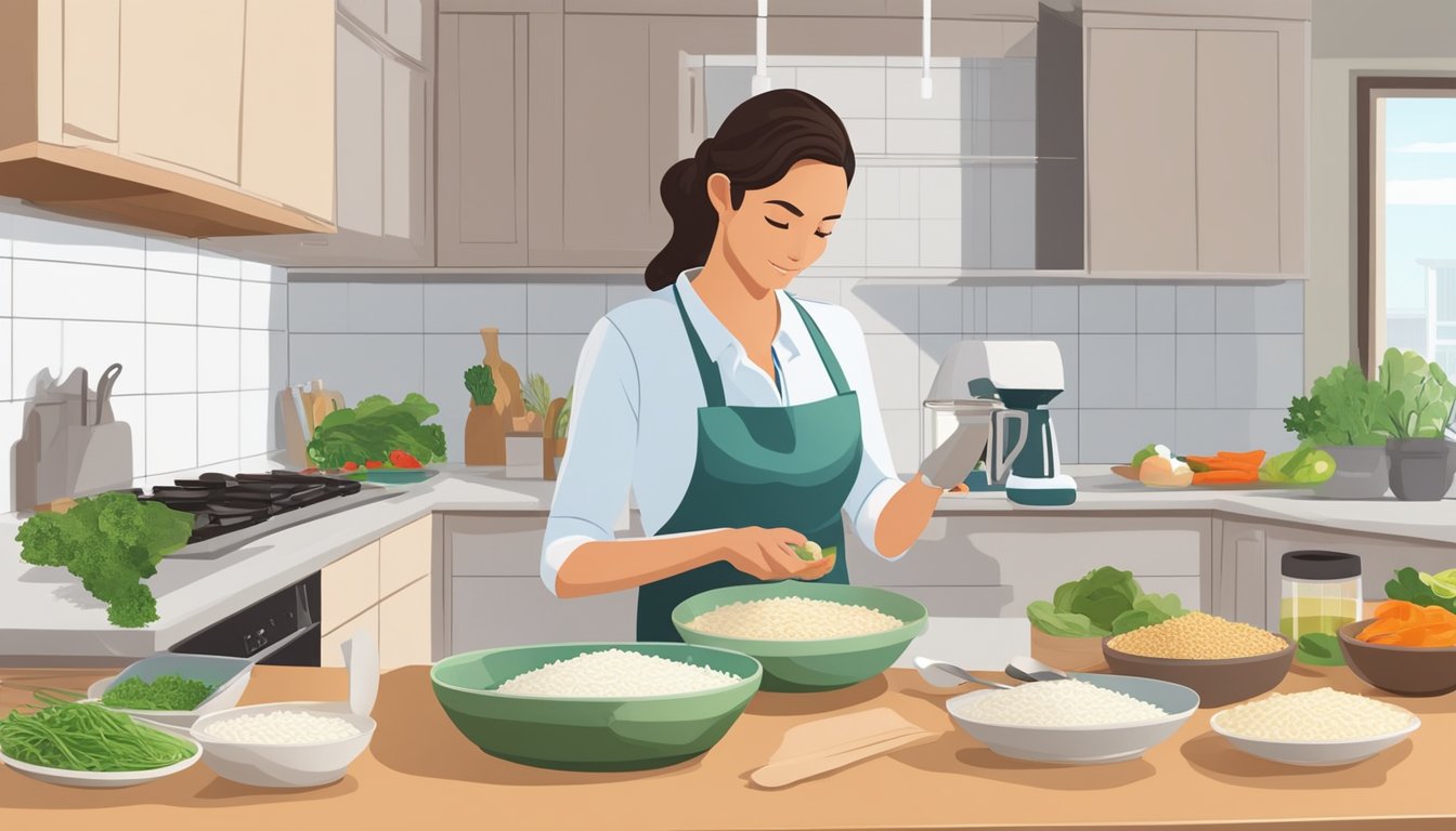 A dietician carefully measures portions of basmati rice and various nutrient-rich foods on a kitchen counter, with a nutrition guide open nearby