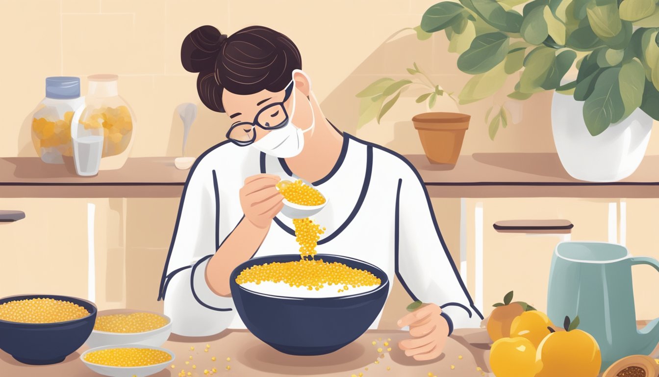 A diabetic person happily adding bee pollen to a bowl of yogurt and fruit