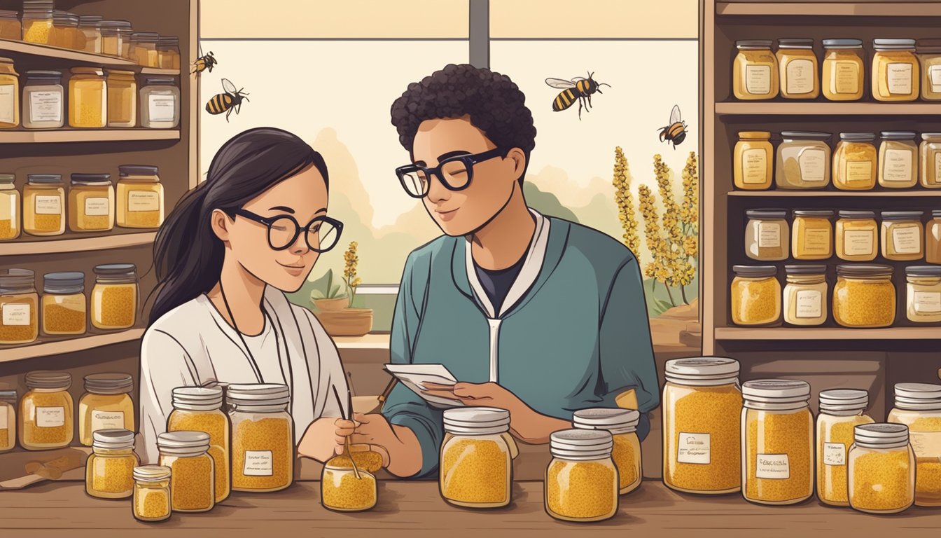 A diabetic person researching bee pollen with a nutritionist, surrounded by jars of honey and bee-related imagery