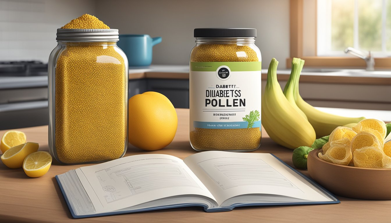 A jar of bee pollen sits next to fresh fruits and vegetables on a kitchen counter, with a diabetic-friendly cookbook open nearby