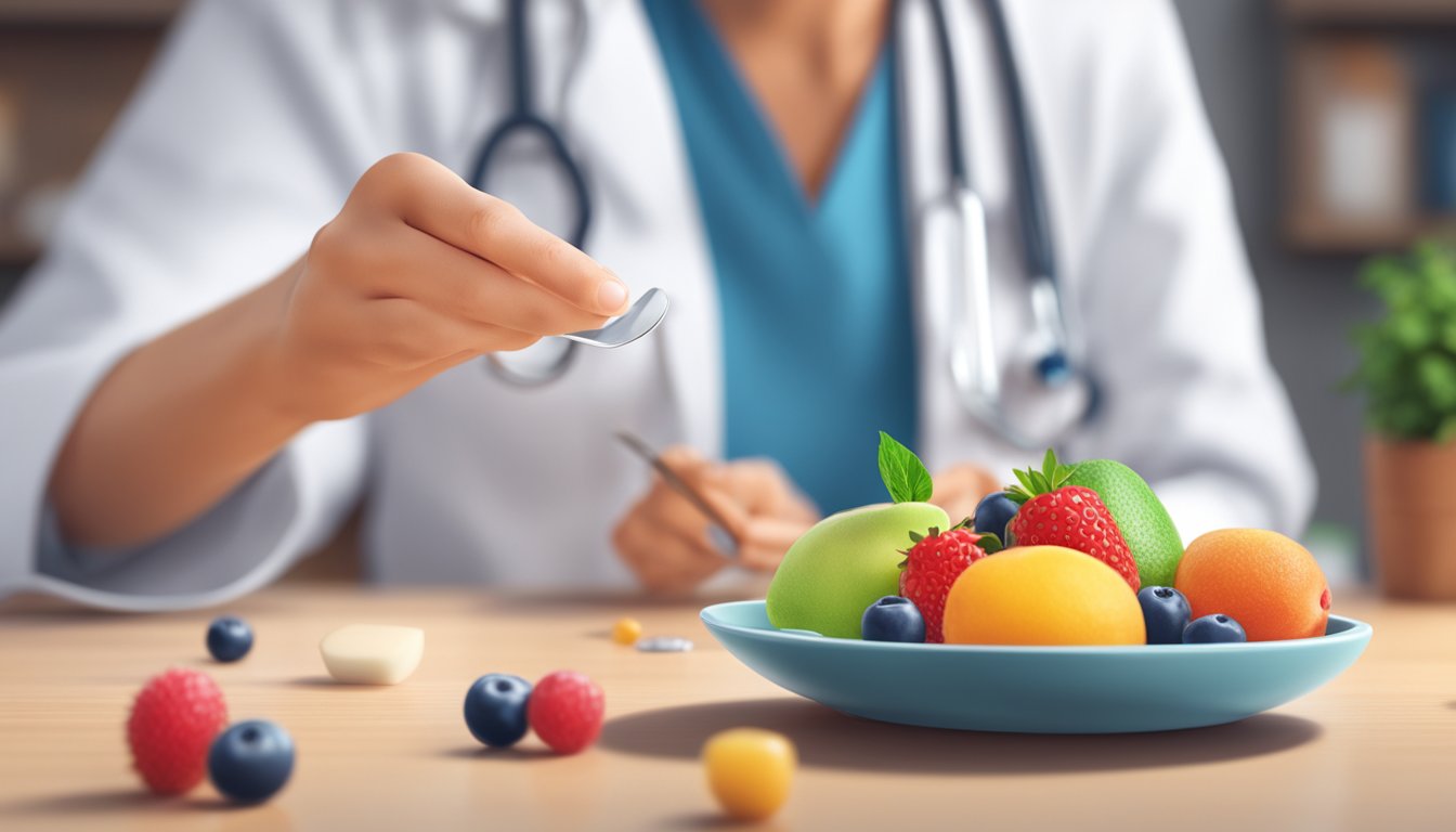 A diabetic person happily sprinkles xylitol on a plate of fruit, with a doctor's approval in the background