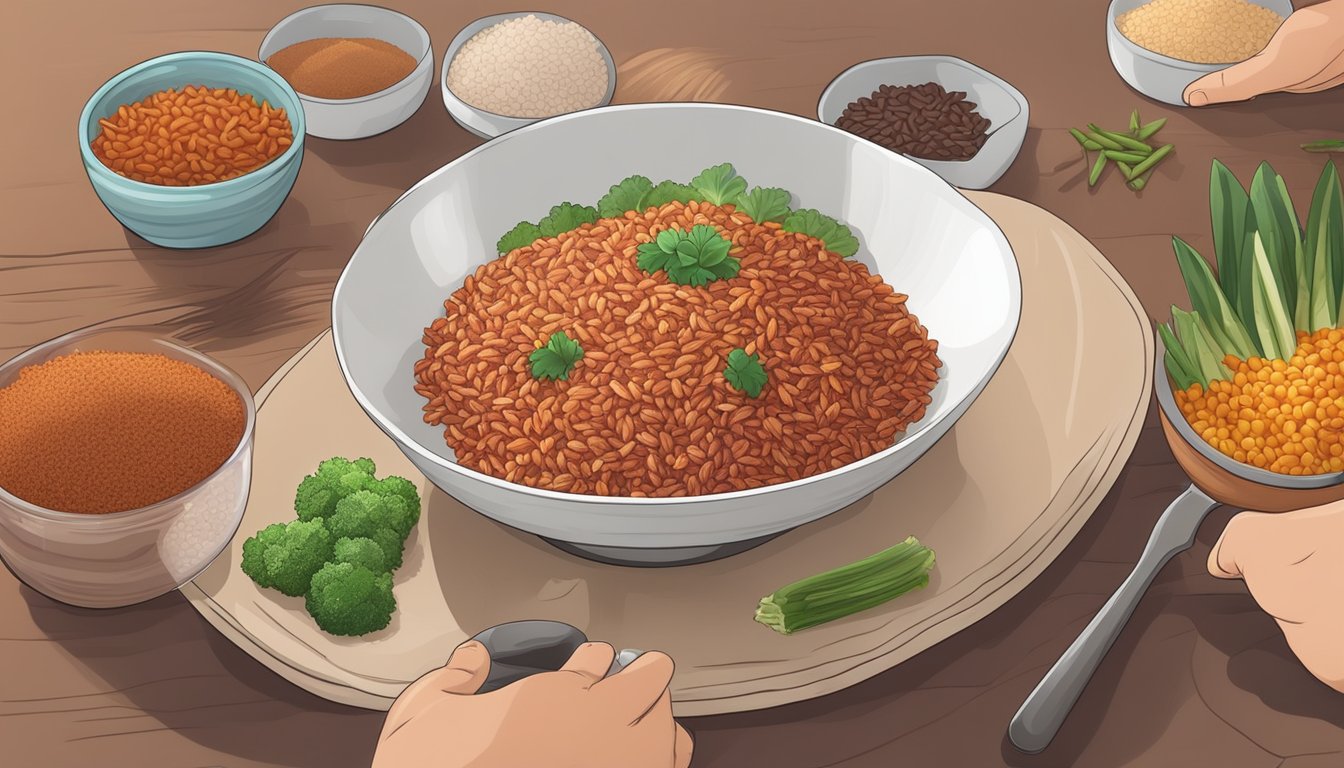 A diabetic person holding a bowl of cooked Bhutanese red rice with a variety of colorful vegetables and lean protein options on the table