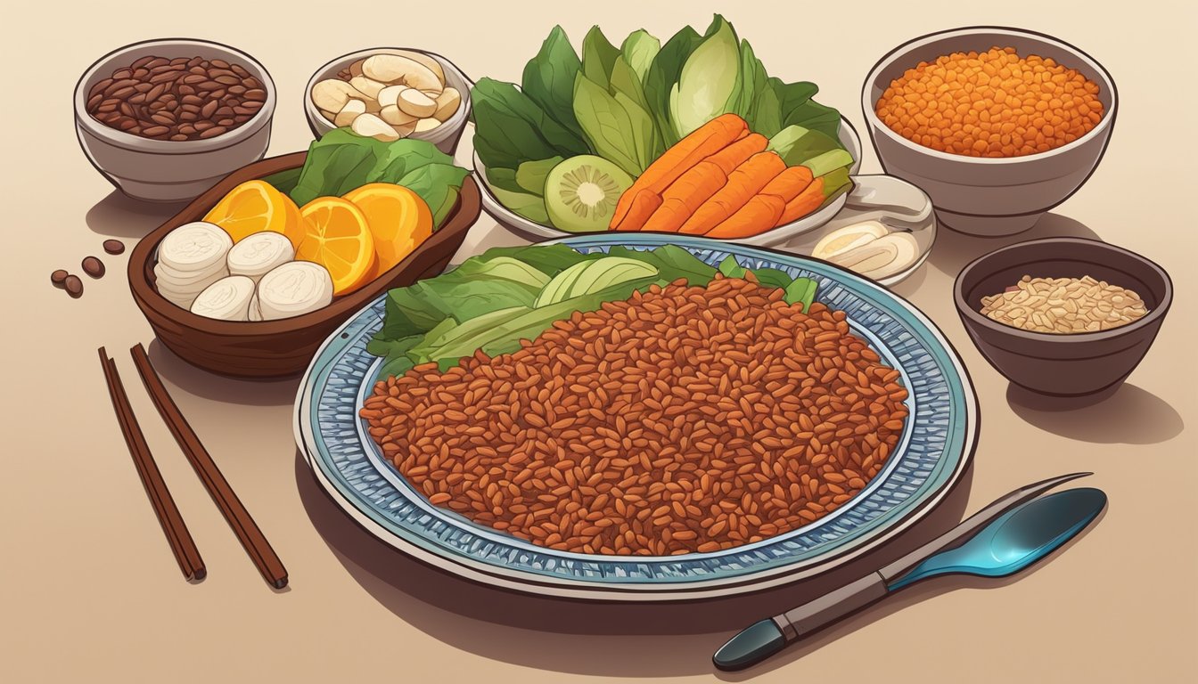 A colorful plate of Bhutanese red rice surrounded by various diabetic-friendly foods and a glucose meter nearby