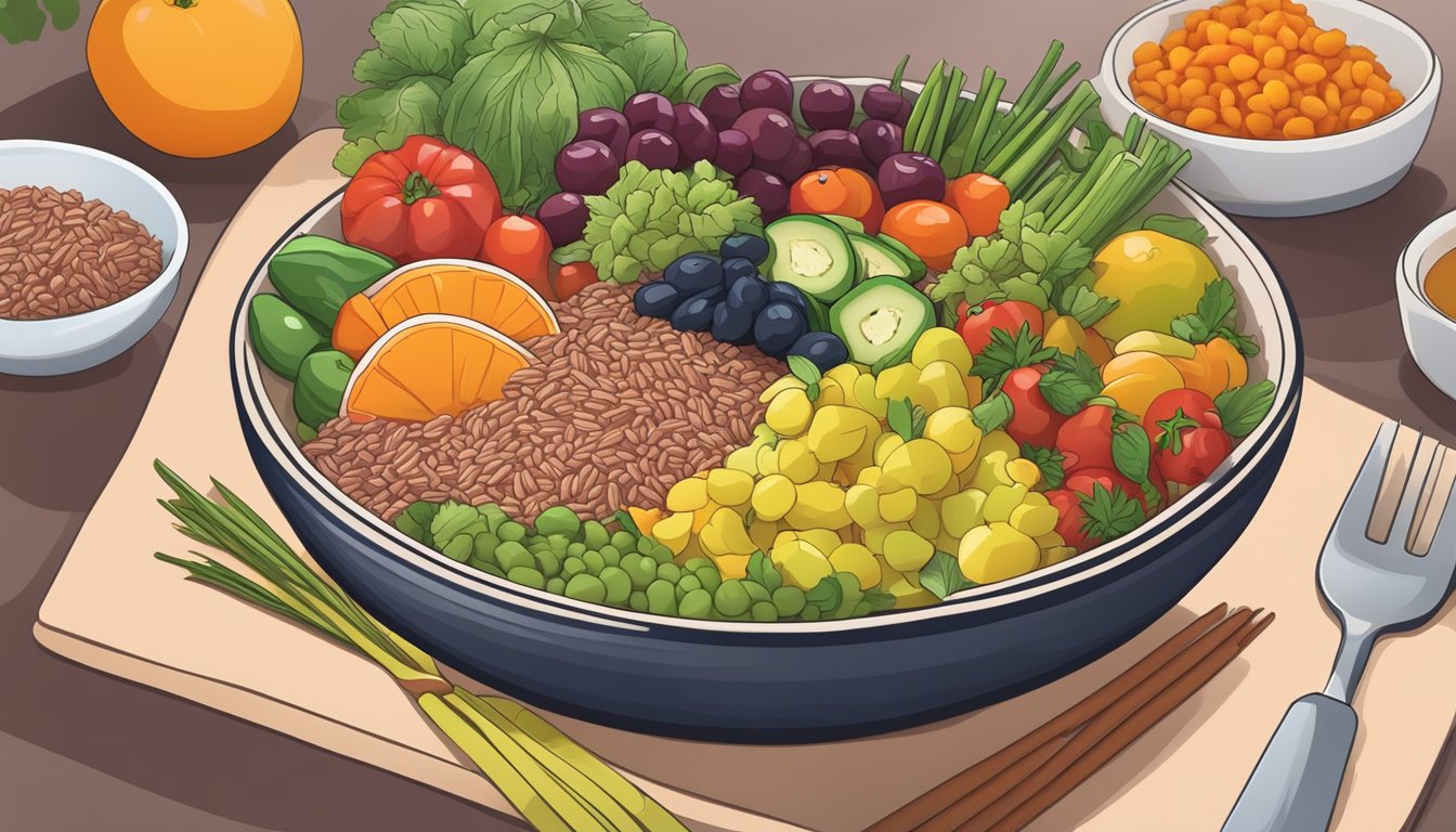 A bowl of cooked Bhutanese red rice surrounded by various colorful fruits and vegetables, with a diabetes-friendly meal plan in the background