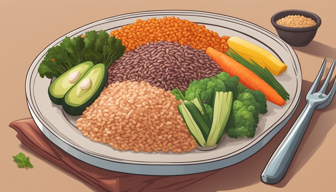 A colorful plate of Bhutanese red rice surrounded by a variety of fresh vegetables and lean protein, set against a backdrop of a balanced diet pyramid