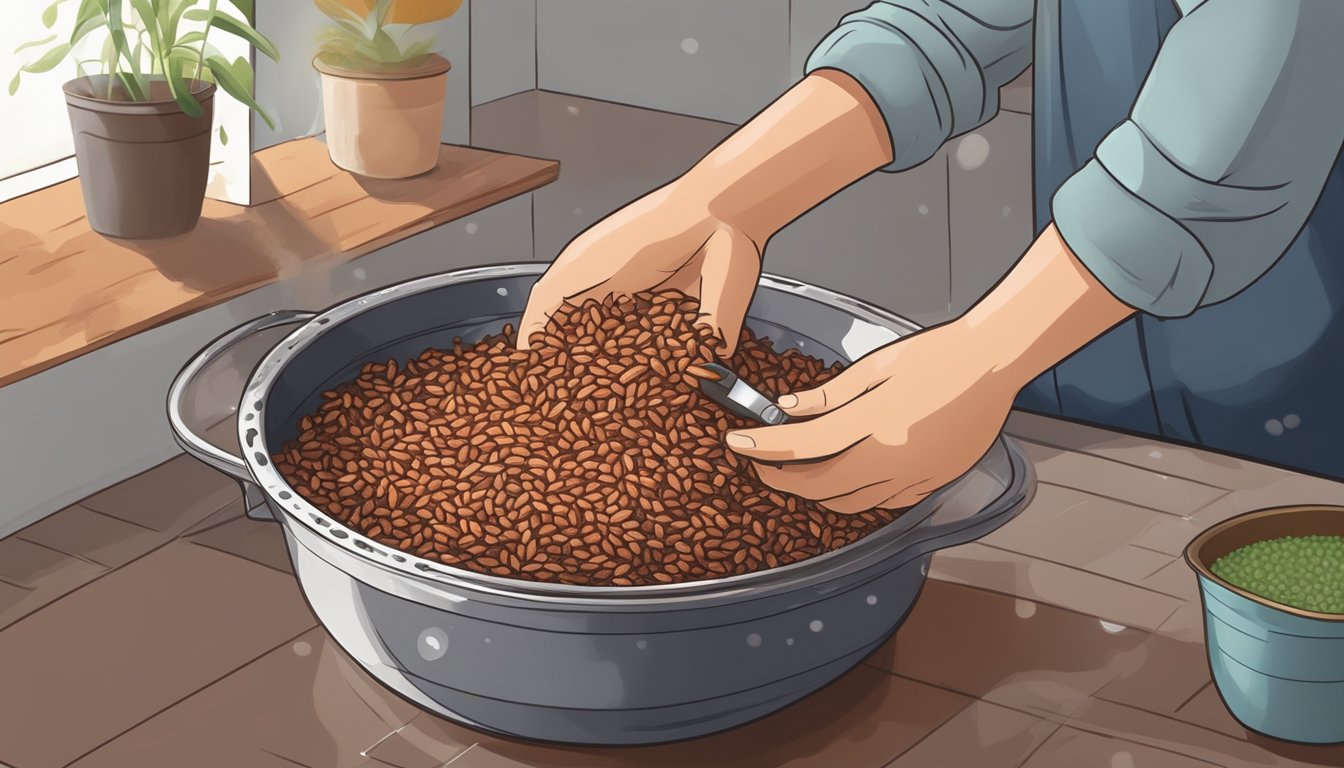 A person measuring and rinsing Bhutanese red rice in a colander under running water