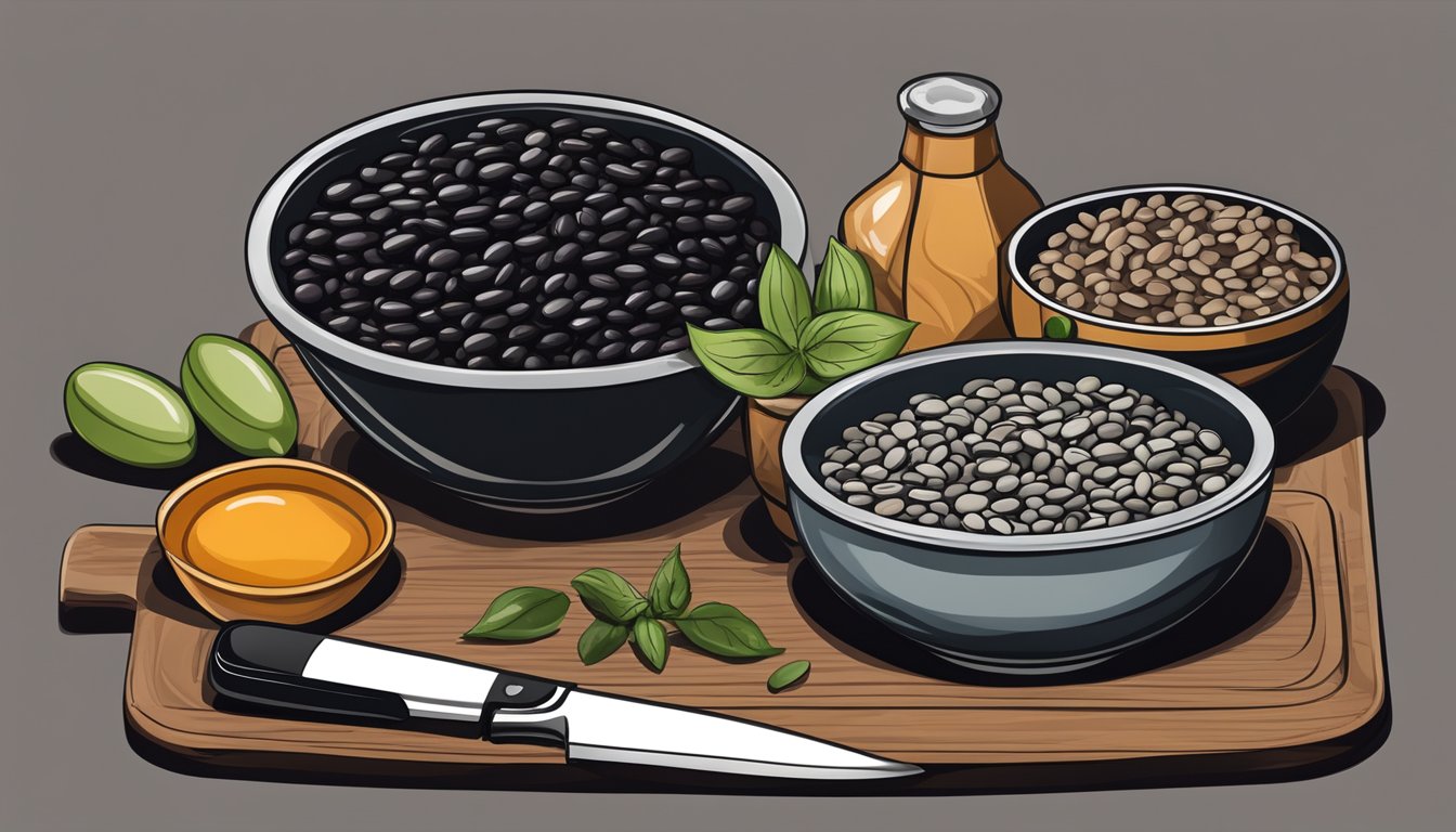 A variety of beans, including black beans, arranged on a cutting board with a knife and bowl for preparation