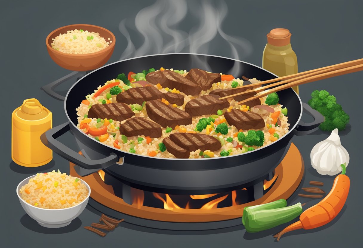 A sizzling steak and vegetable fried rice being cooked in a wok over a hot stove