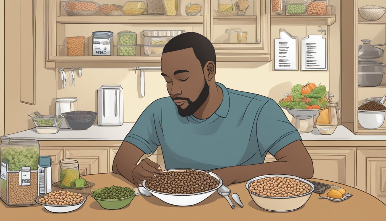 A diabetic person sitting at a dining table with a bowl of black eyed peas, surrounded by various food items and a nutrition label