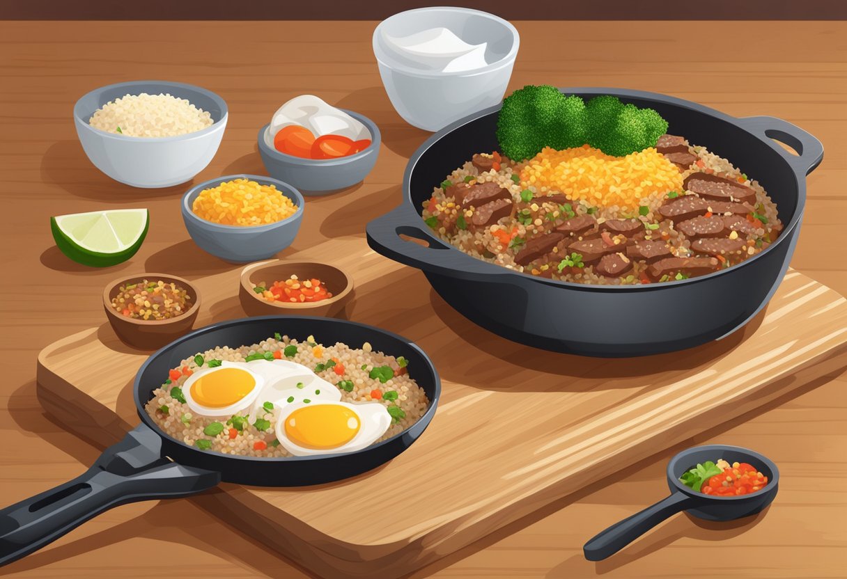 A sizzling skillet of steak fried rice being prepared with various ingredients and seasonings on a wooden cutting board