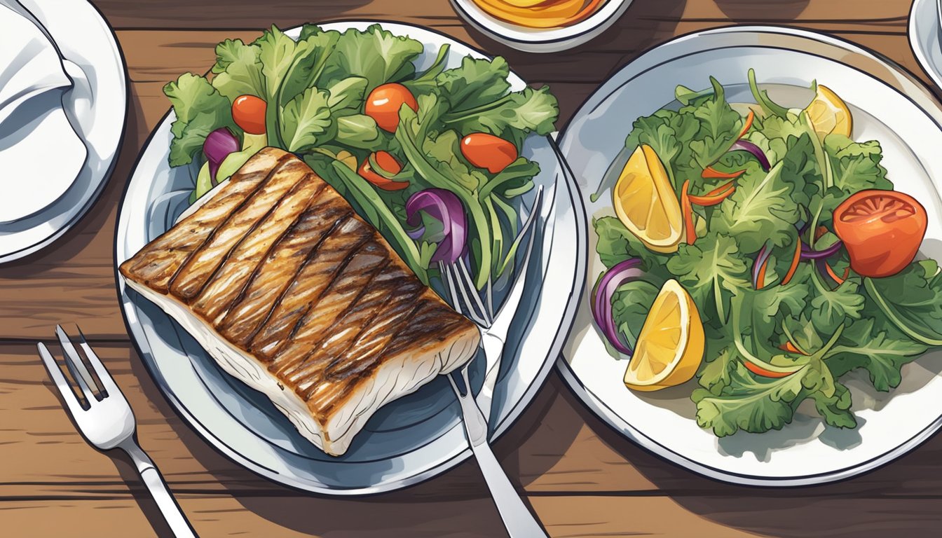 A diabetic person enjoying a plate of grilled black cod with a side of steamed vegetables and a colorful salad