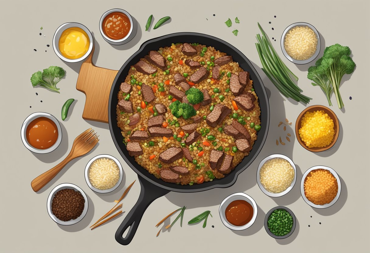 A sizzling skillet of steak fried rice with an array of seasonings and sauces