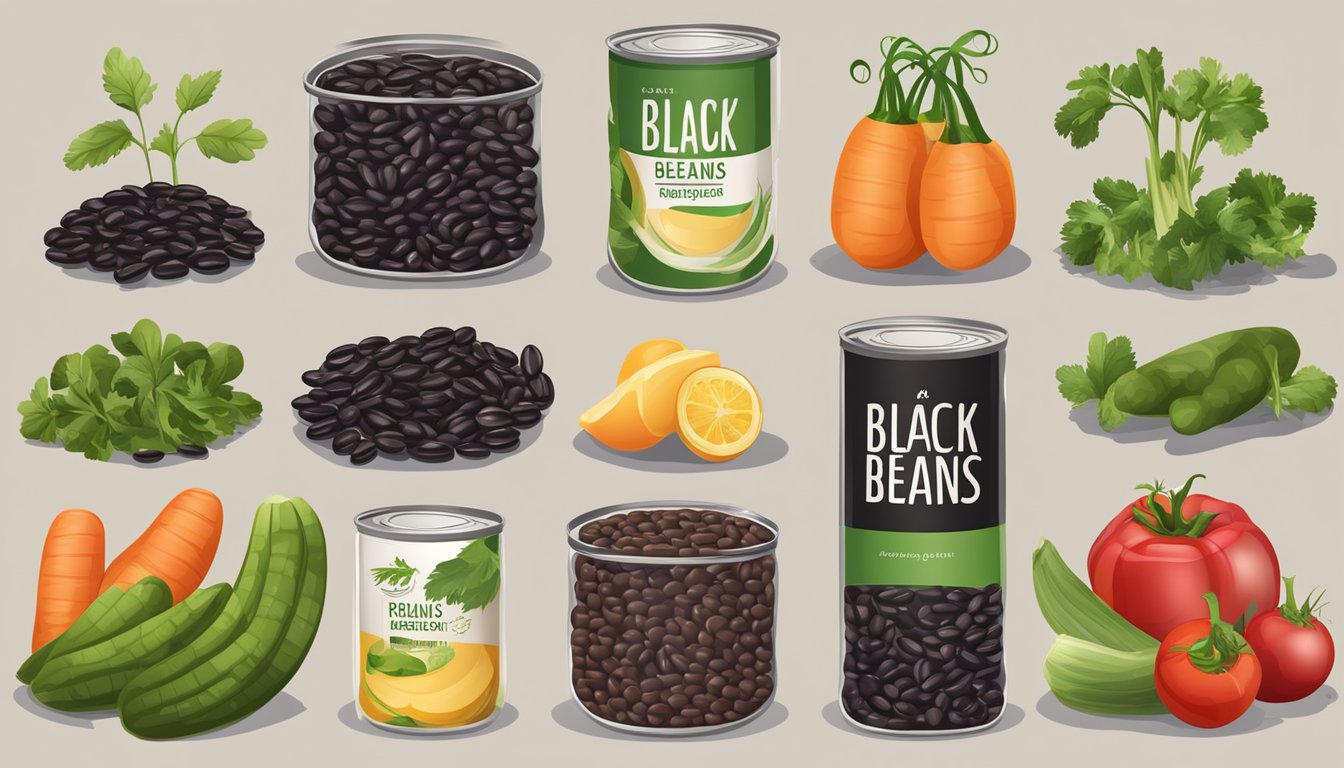 A variety of canned black beans with nutrition labels, surrounded by fresh vegetables and herbs