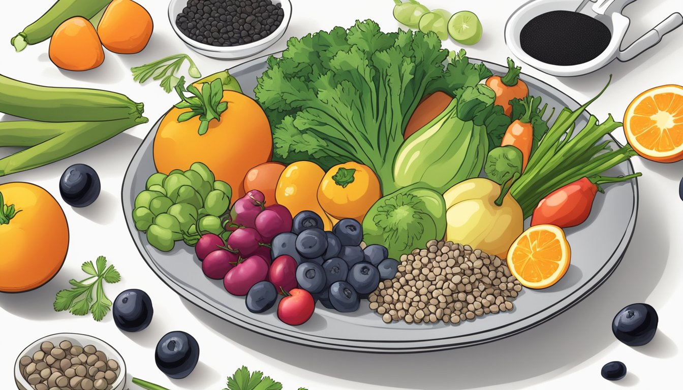 A plate of cooked black gram surrounded by various fruits and vegetables, with a diabetes education book open to a page about dietary recommendations