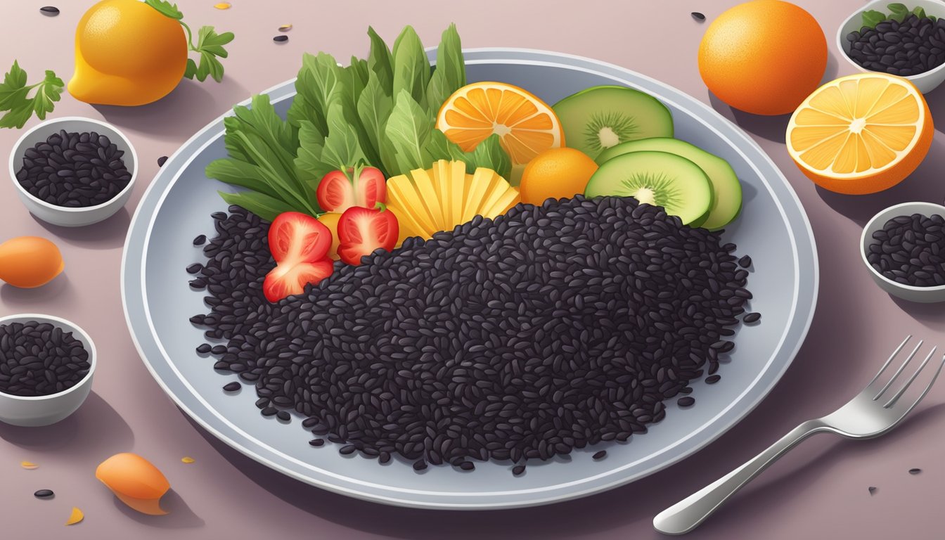 A colorful plate of black rice, surrounded by fresh vegetables and fruits, with a diabetes-friendly label