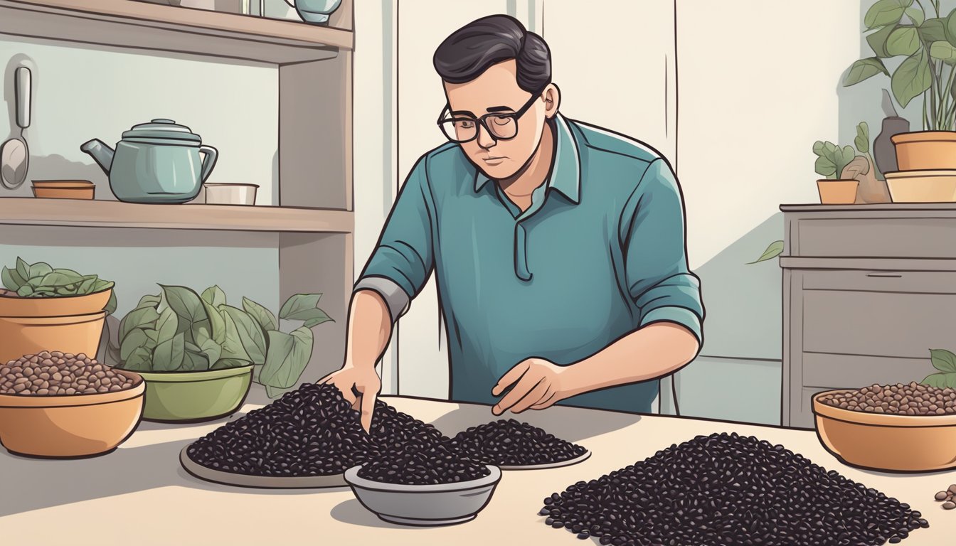 A diabetic person carefully examining a pile of black gram beans with a concerned expression