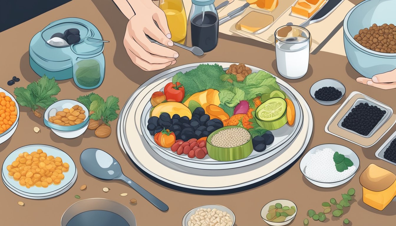 A plate with black gram, surrounded by various other food items, with a diabetic person analyzing and comparing them