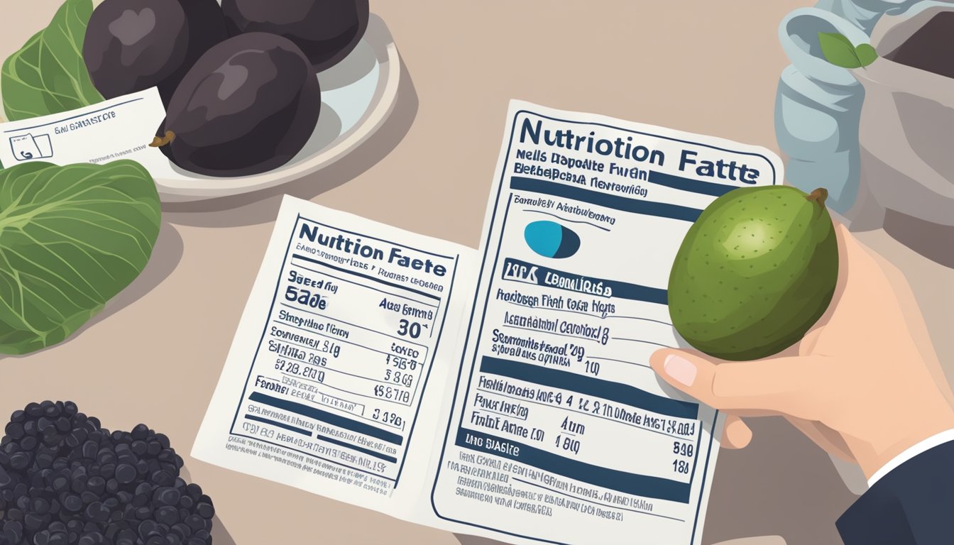 A person with diabetes holding a black sapote fruit and a nutrition label, contemplating whether it is safe to eat