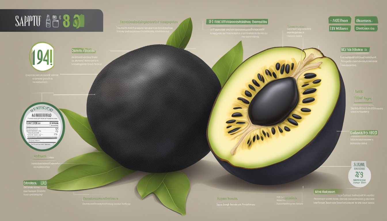 A table with a black sapote fruit, a nutrition label, and a diabetic-friendly symbol