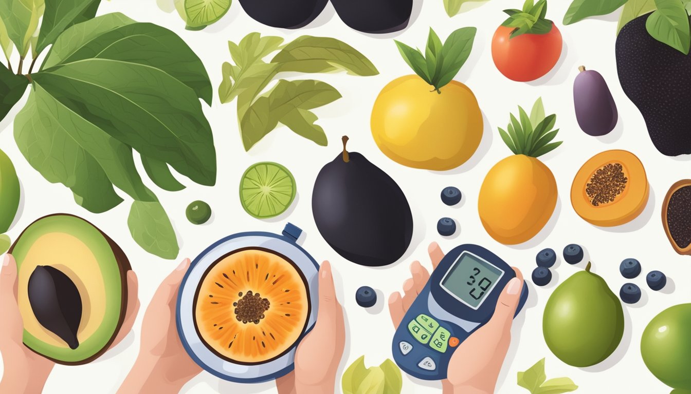 A person with diabetes holding a ripe black sapote fruit, surrounded by various healthy foods and a blood glucose monitor