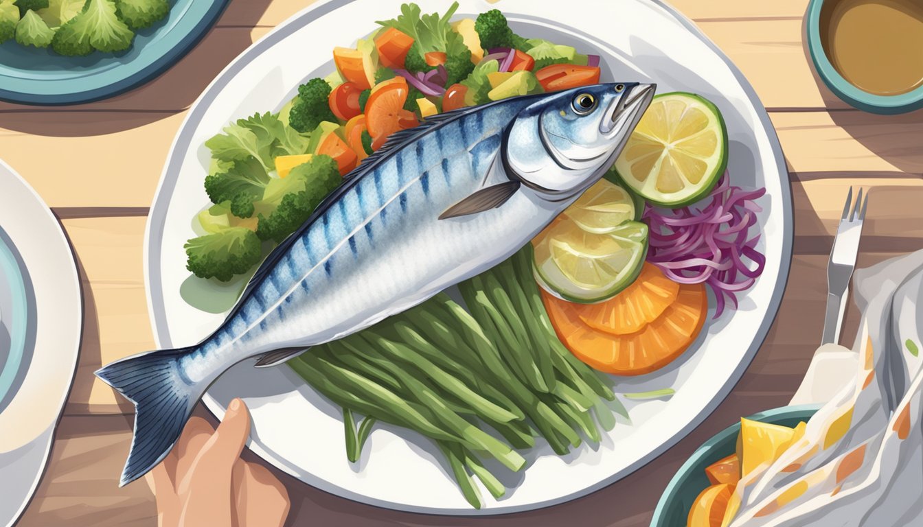 A diabetic person enjoying a plate of grilled bluefish with a side of steamed vegetables and a colorful salad