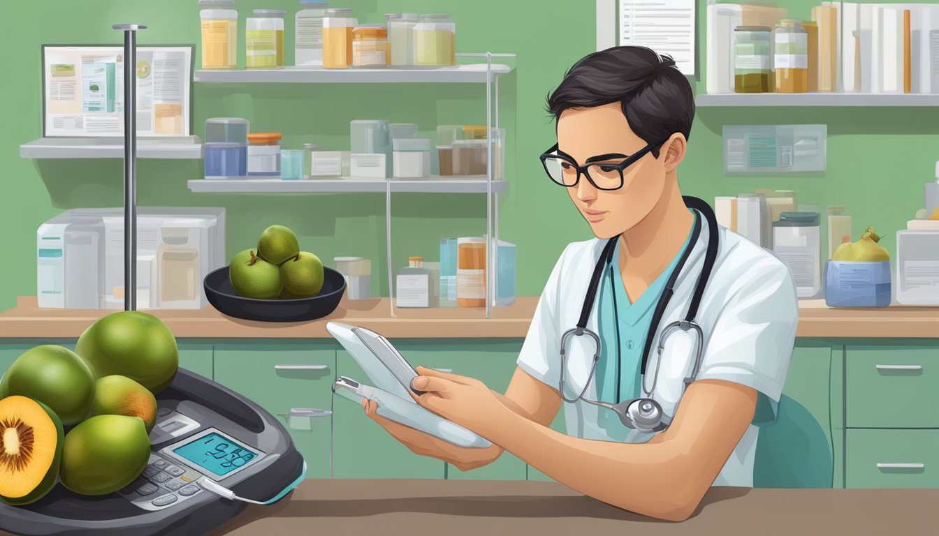 A diabetic cautiously examining a black sapote fruit, surrounded by medical equipment and nutritional information