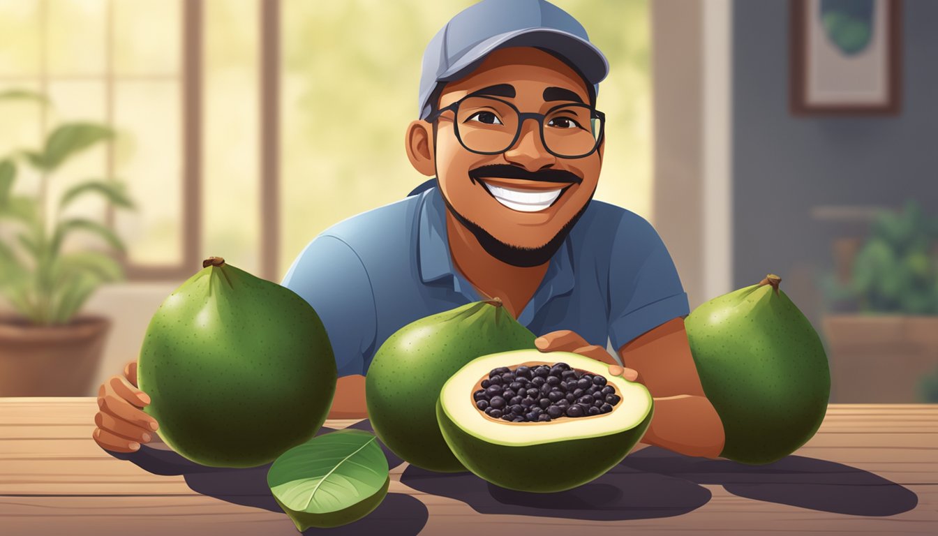 A diabetic person enjoying a ripe black sapote fruit with a smile on their face