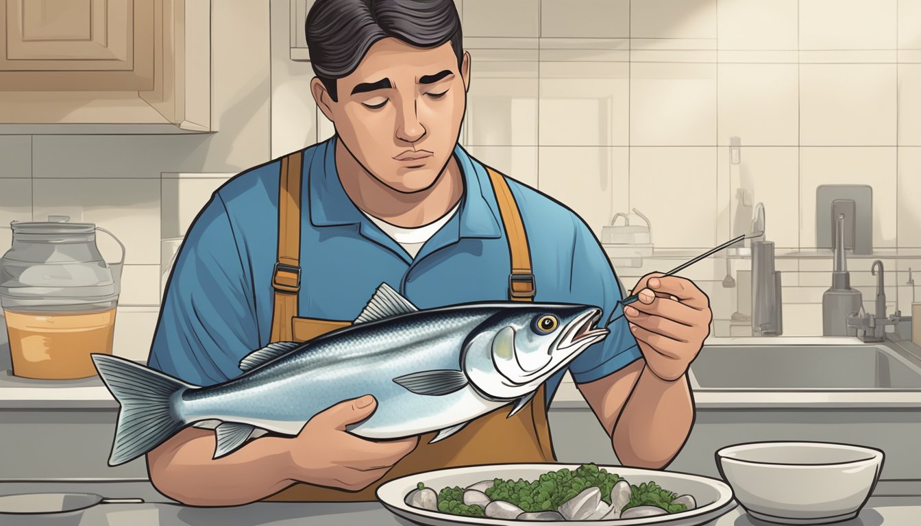 A diabetic carefully examining a plate of bluefish with a concerned expression