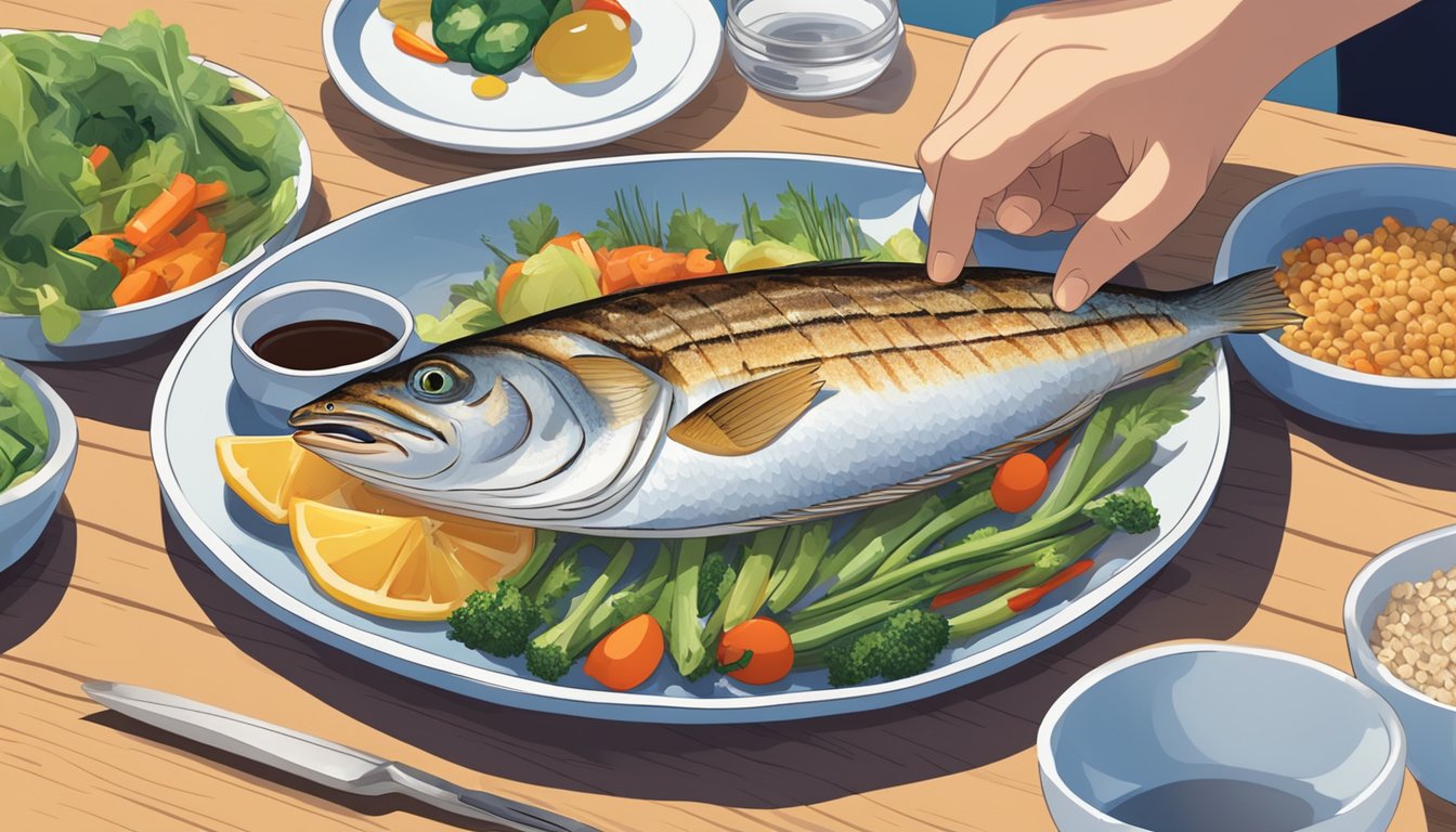 A person with diabetes enjoying a meal of grilled bluefish with a variety of colorful vegetables and whole grains on a plate