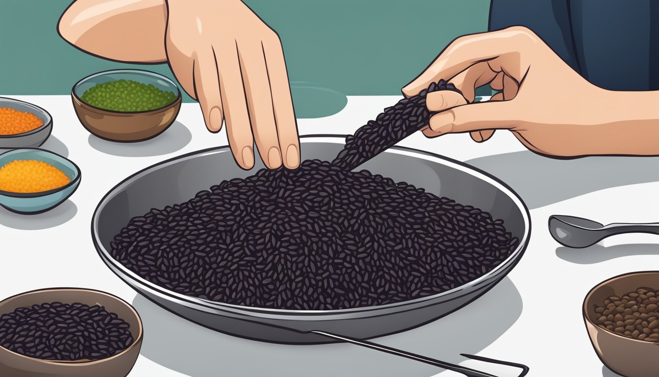 A diabetic carefully measuring black rice portions for a meal