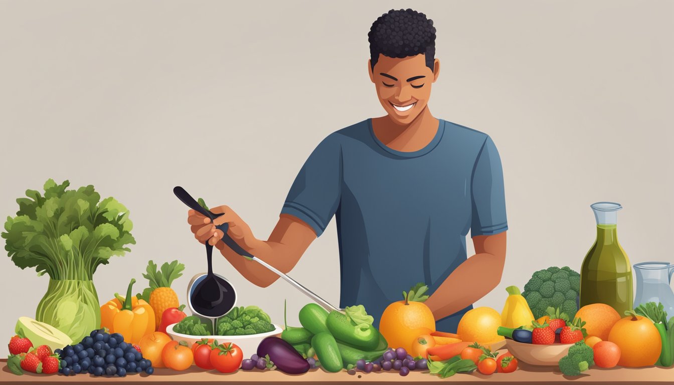 A person with diabetes pouring blackstrap molasses into a measuring spoon, surrounded by fresh fruits and vegetables