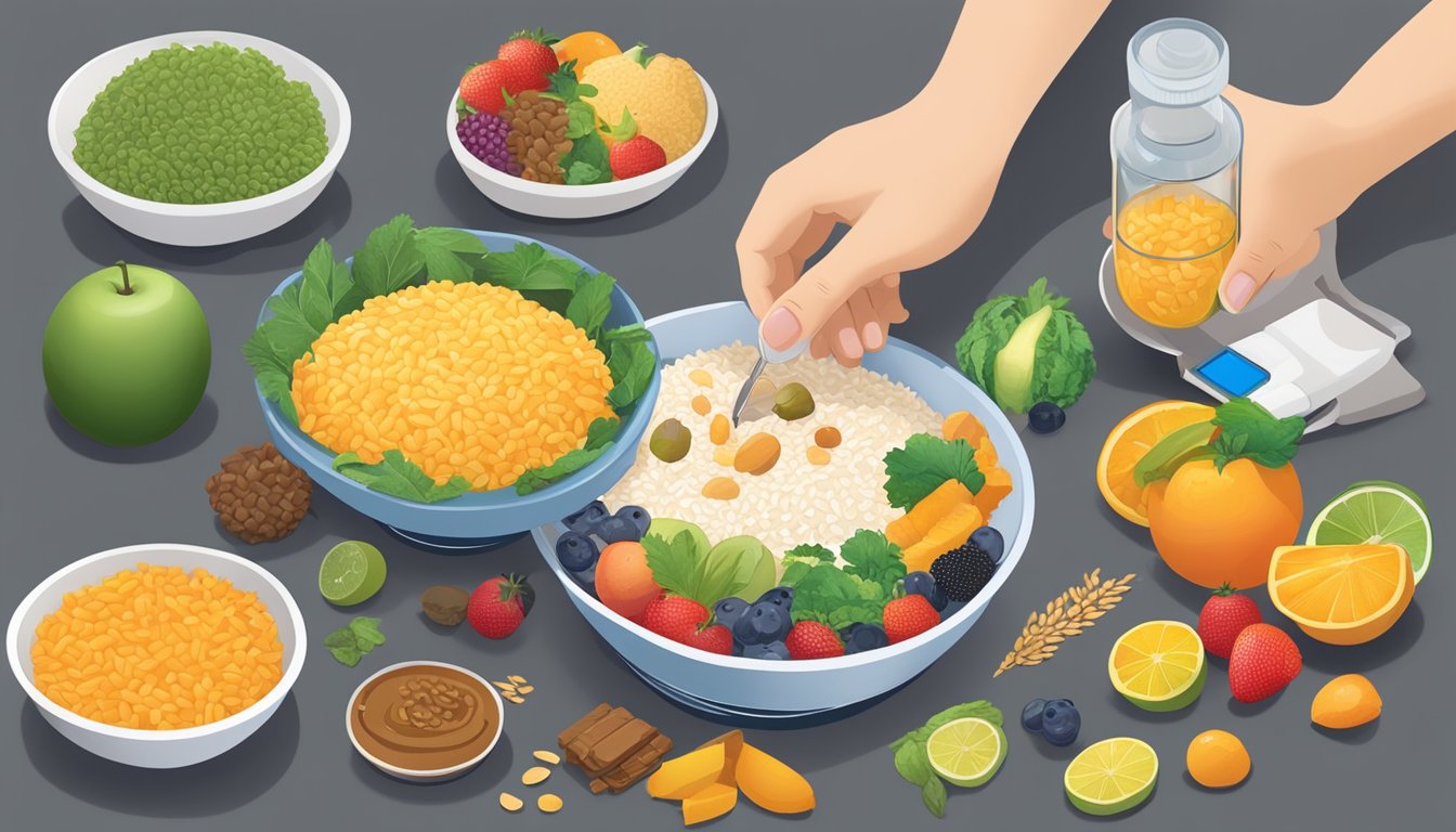 A diabetic person examining a bowl of bomba rice with various food items around it, including fruits, vegetables, and a glucose monitoring kit