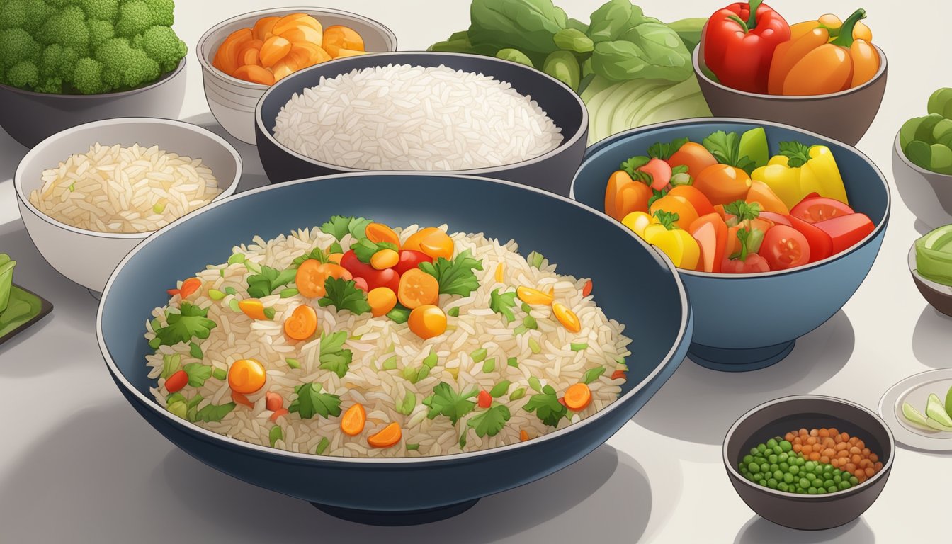 A bowl of bomba rice surrounded by a variety of colorful and fresh vegetables, with a diabetic-friendly meal plan in the background