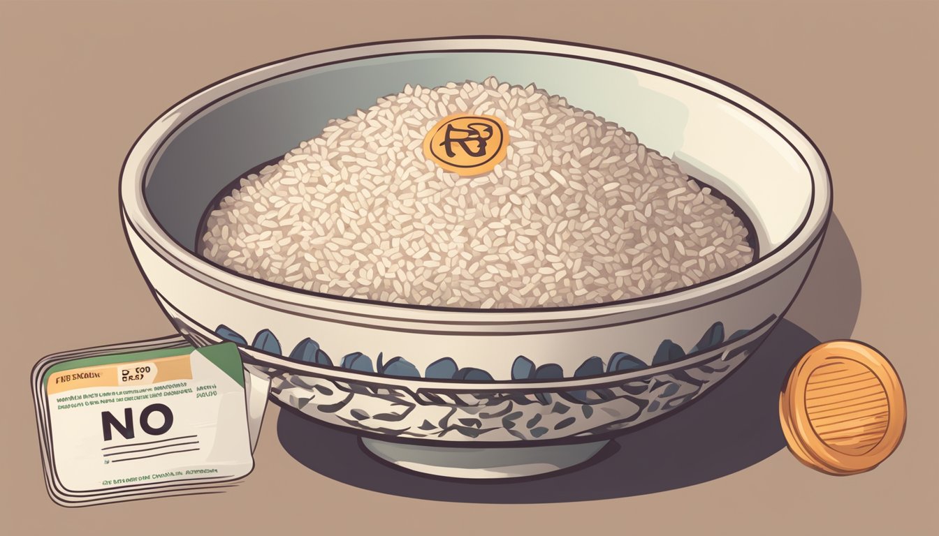 A bowl of bomba rice with a nutrition label and a red "no" symbol over it