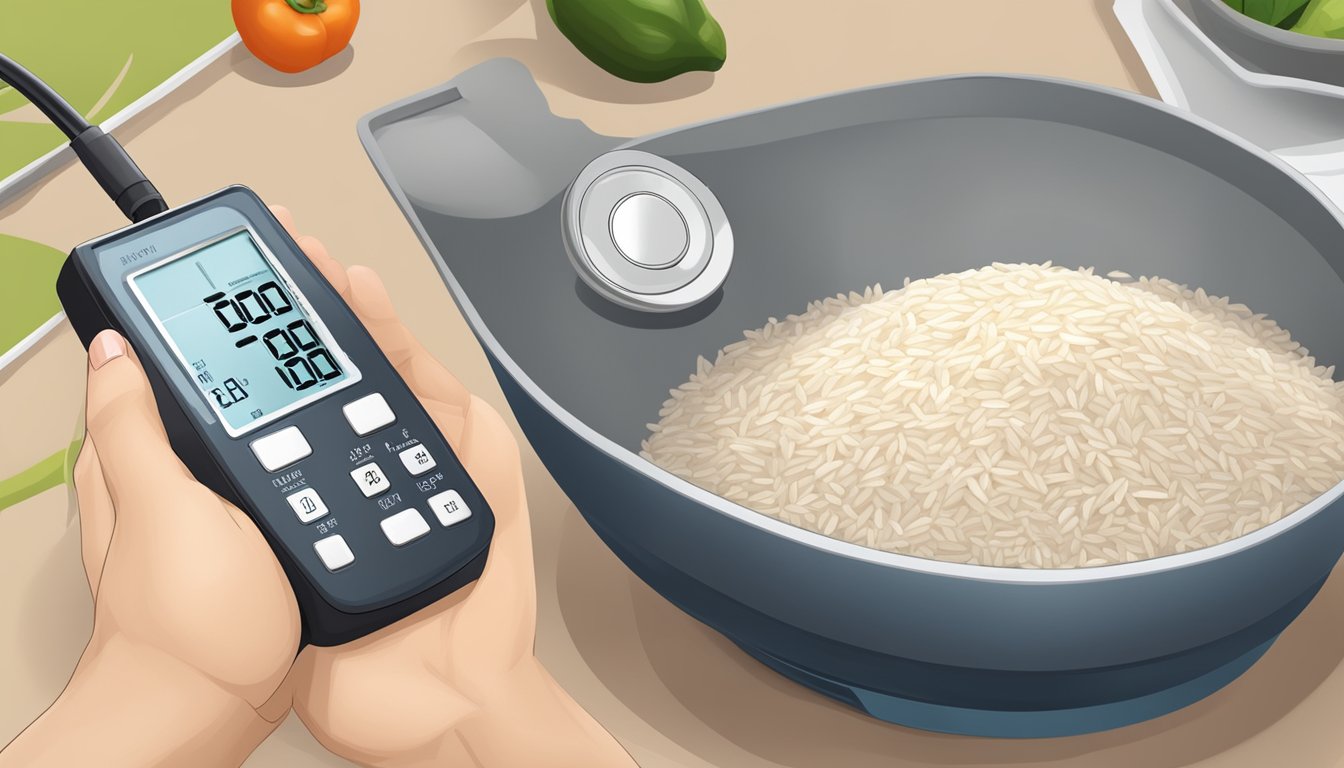 A diabetic measuring bomba rice with a food scale and reading nutrition label