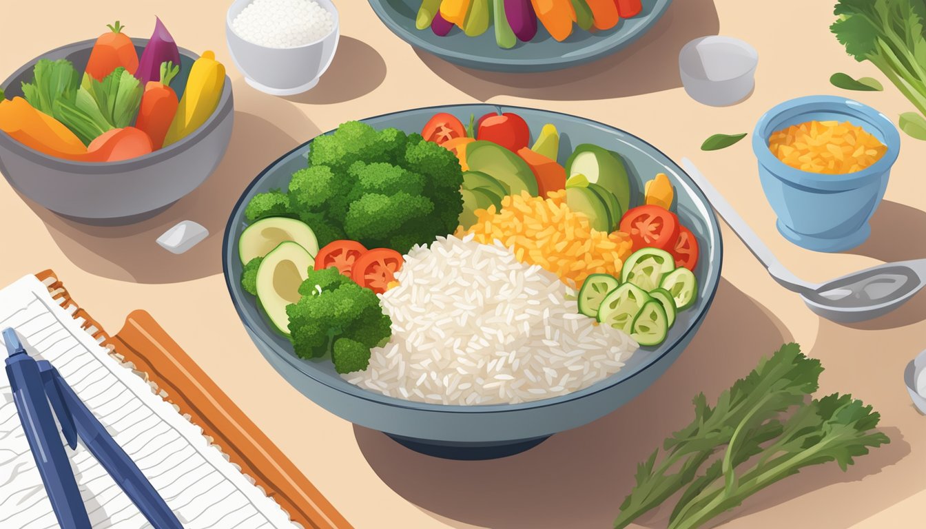 A bowl of bomba rice surrounded by colorful, fresh vegetables and lean protein, with a measuring cup of rice and a diabetic-friendly recipe book nearby