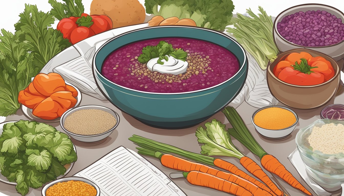 A bowl of borscht surrounded by a variety of colorful vegetables and grains, with a diabetes-friendly meal plan in the background