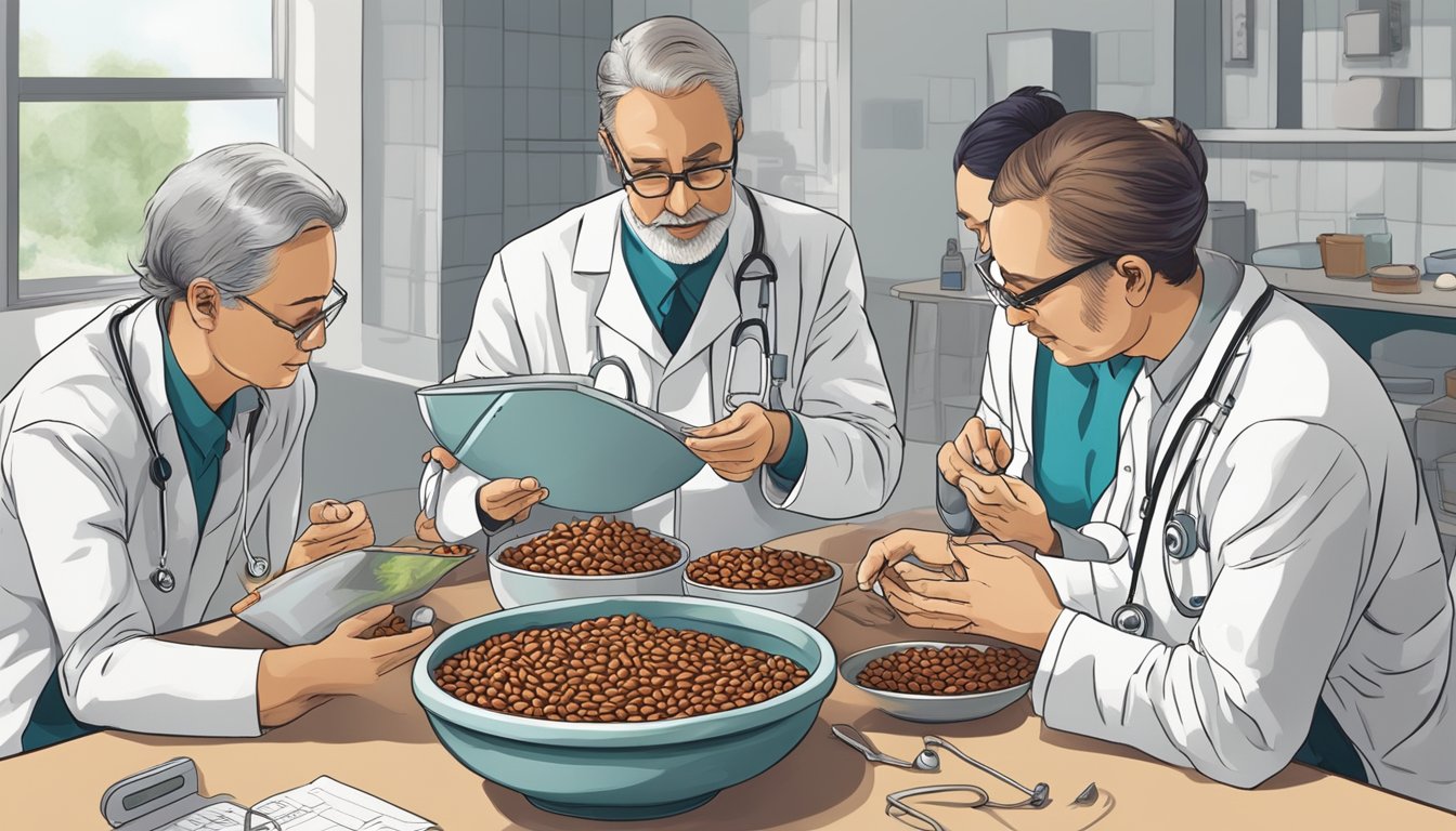 A group of health professionals discussing and examining a bowl of borlotti beans, with charts and medical equipment nearby