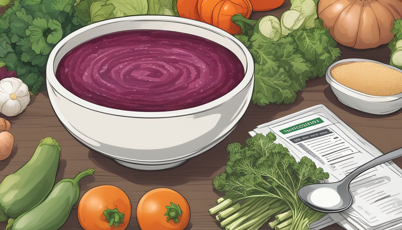 A bowl of borscht surrounded by various vegetables, a spoon, and a nutrition label indicating low sugar content