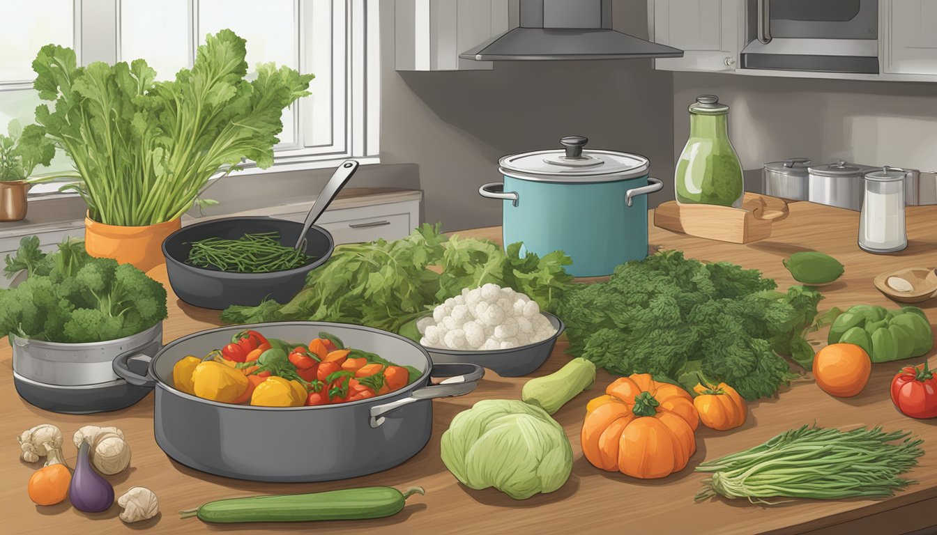 A table with various vegetables and herbs laid out, a pot simmering on the stove, and a nutrition label being examined