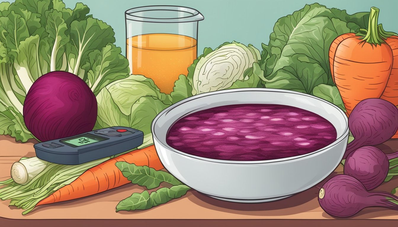 A bowl of borscht surrounded by fresh beets, carrots, and cabbage. A blood glucose monitor sits nearby, showing a healthy reading