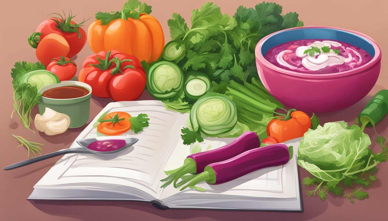 A colorful bowl of borscht surrounded by fresh vegetables and a diabetes-friendly recipe book