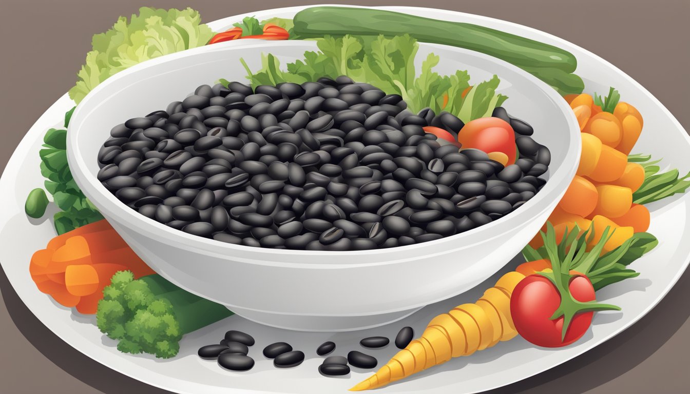 A bowl of black turtle beans surrounded by colorful vegetables on a clean, white plate